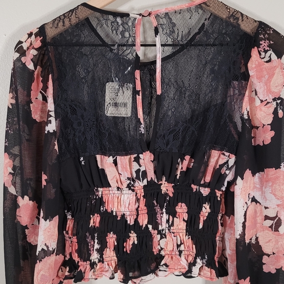 NEW Free People Daphne Blouse Midnight Combo Black Pink Floral Print Crop Top XS - Picture 11 of 16